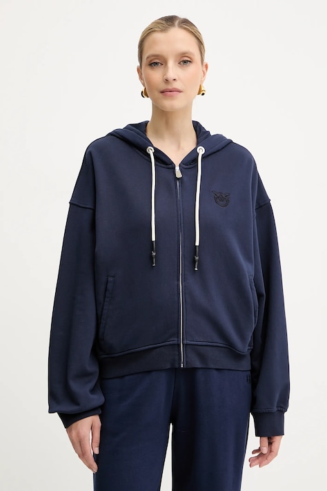 Памучен суичър Pinko в тъмносиньо с качулка с изчистен дизайн 105509 A2RB