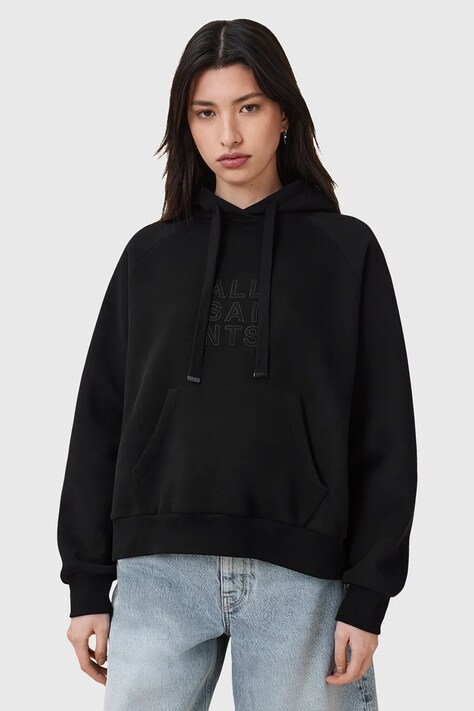 AllSaints bluză STACKS culoarea negru, cu glugă, cu imprimeu, W131JC