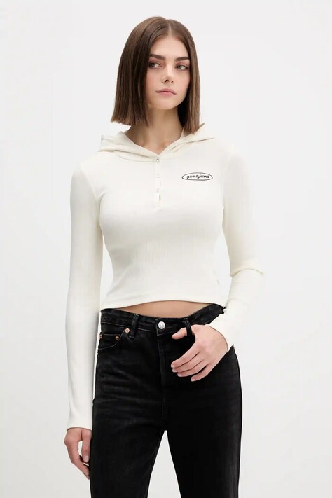 Tričko s dlouhým rukávem Guess Jeans dámské, béžová barva, W5YP39 KA0H1