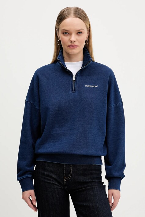 Guess Jeans bluza bawełniana damska kolor granatowy gładka W5YQ10 KCXQ1