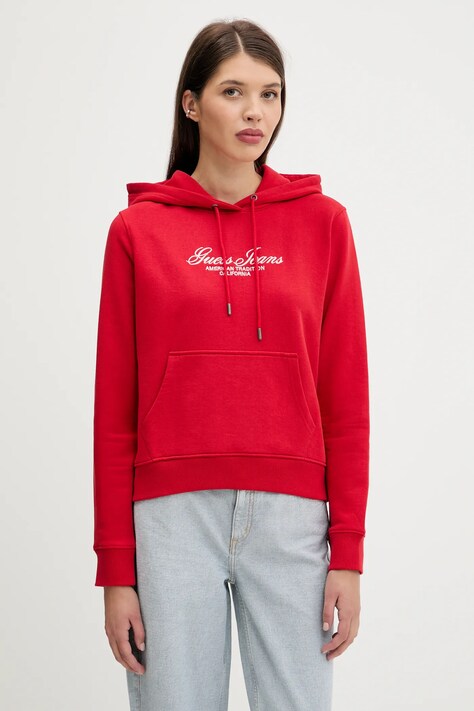 Бавовняна кофта Guess Jeans колір червоний з капюшоном з аплікацією W5YQ13 K68I4