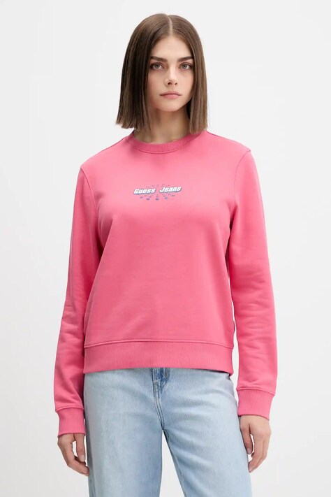 Bavlněná mikina Guess Jeans dámská, růžová barva, s potiskem, W5YQ23 K68I4