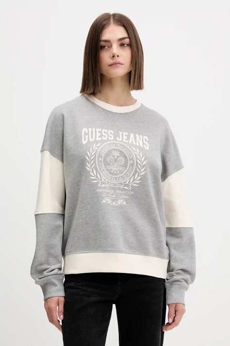 Памучен суичър Guess Jeans в сиво с принт W5YQ20 K68I4