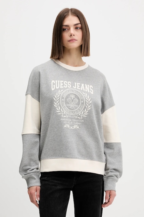 Guess Jeans hanorac de bumbac culoarea gri, cu imprimeu, W5YQ20 K68I4