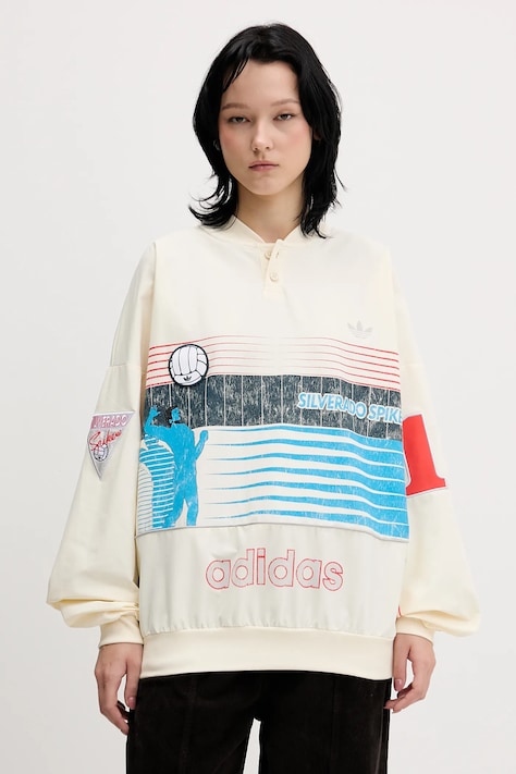 adidas Originals bluza Summersp Crew damska kolor beżowy z kapturem z nadrukiem JW0148