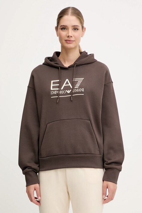 EA7 Emporio Armani bluza damska kolor brązowy z kapturem z aplikacją AF10377-7W000422