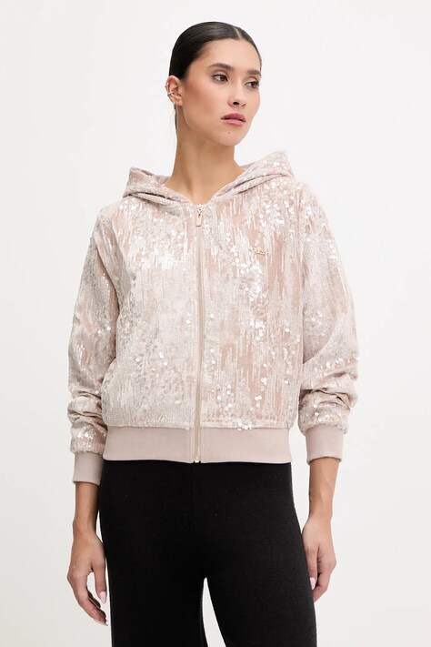 Guess bluza damska kolor beżowy z kapturem z aplikacją V5BQ02 K1922
