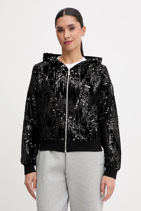 Guess bluza damska kolor czarny z kapturem z aplikacją V5BQ02 K1922