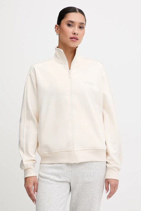 Guess bluza OCTAVIA damska kolor beżowy z kapturem z aplikacją V5BQ15 KCX22