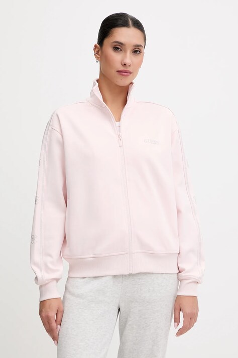 Guess bluza OCTAVIA damska kolor różowy z kapturem z aplikacją V5BQ15 KCX22