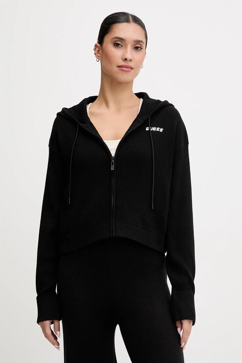 Guess bluza z domieszką wełny FLAMINIA kolor czarny z kapturem gładka V5BR05 Z3JD2