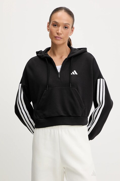 adidas bluză Essentials 3-Stripes culoarea negru, cu glugă, cu imprimeu, JN1956