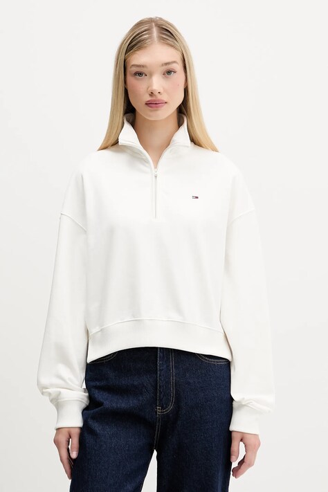 Tommy Jeans hanorac de bumbac culoarea alb, uni, DW0DW21589