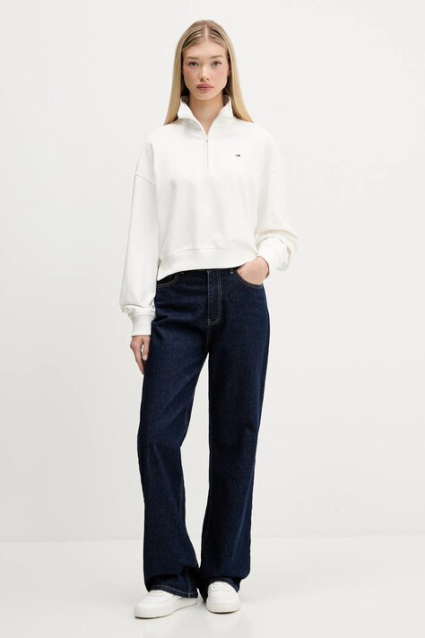 Bavlněná mikina Tommy Jeans dámská, bílá barva, hladká, DW0DW21589