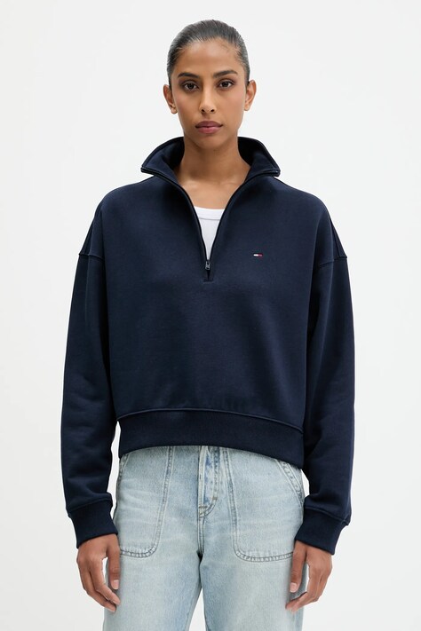 Памучен суичър Tommy Jeans в тъмносиньо с изчистен дизайн DW0DW21589