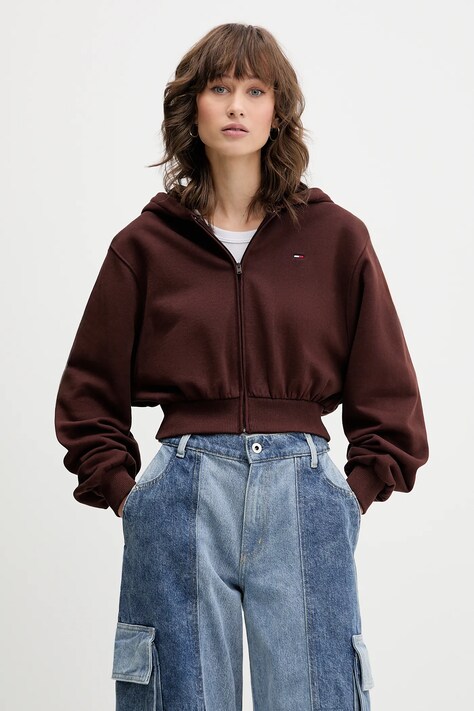 Tommy Jeans pamut melegítőfelső barna, sima, kapucnis, DW0DW21590