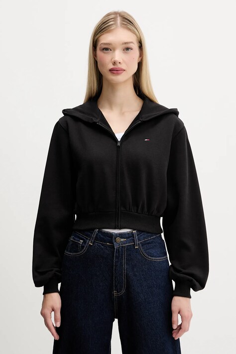 Tommy Jeans hanorac de bumbac culoarea negru, cu glugă, uni, DW0DW21590