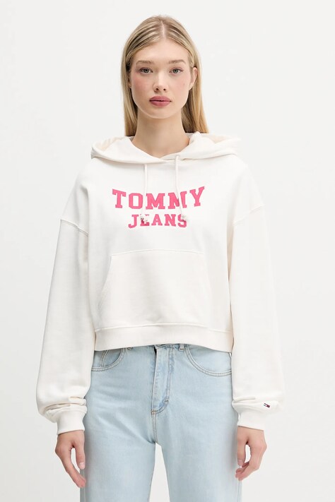Tommy Jeans hanorac de bumbac culoarea bej, cu glugă, cu imprimeu, DW0DW21598