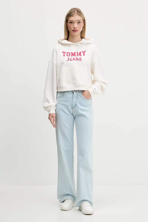 Bavlněná mikina Tommy Jeans dámská, béžová barva, s kapucí, s aplikací, DW0DW21598