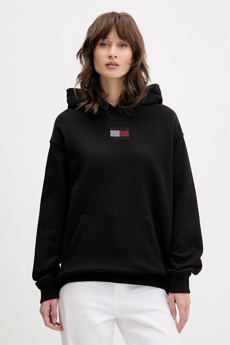 Tommy Jeans bluza bawełniana damska kolor czarny z kapturem z aplikacją DW0DW21605