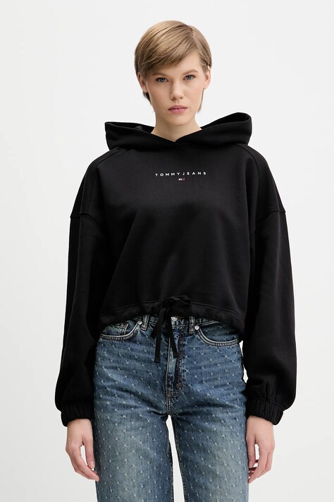 Tommy Jeans bluza bawełniana damska kolor czarny z kapturem z nadrukiem DW0DW21607