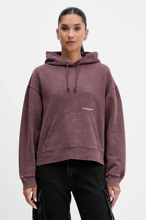 Tommy Jeans bluză culoarea maro, cu glugă, uni, DW0DW21609
