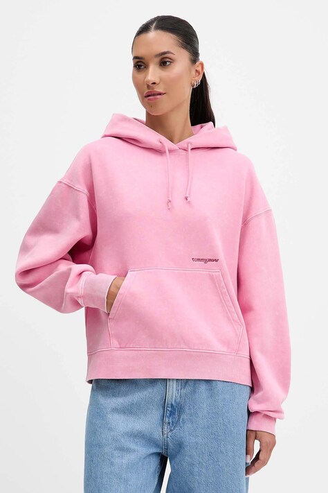 Tommy Jeans bluza damska kolor różowy z kapturem gładka DW0DW21609