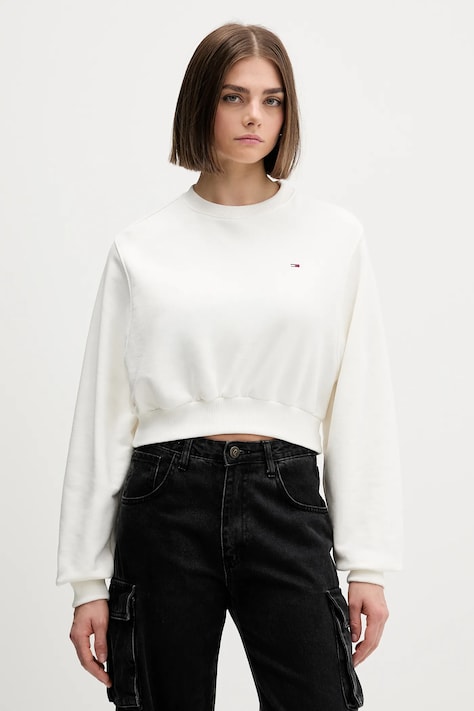 Tommy Jeans hanorac de bumbac culoarea alb, uni, DW0DW21831