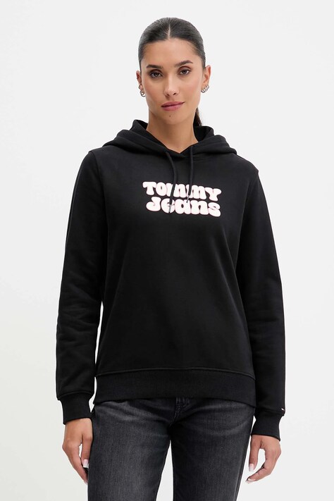 Tommy Jeans bluza bawełniana damska kolor czarny z kapturem z nadrukiem DW0DW21962
