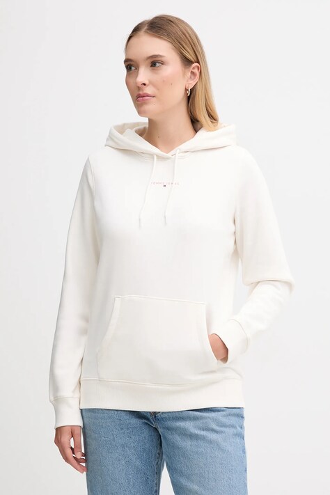 Tommy Jeans bluză culoarea bej, cu glugă, cu imprimeu, DW0DW21963