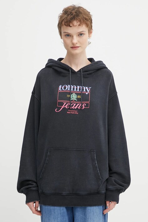 Tommy Jeans felpa in cotone donna colore nero con cappuccio DW0DW22169