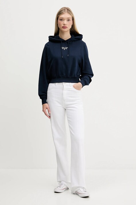 Tommy Jeans hanorac de bumbac culoarea bleumarin, cu glugă, cu imprimeu, DW0DW22170