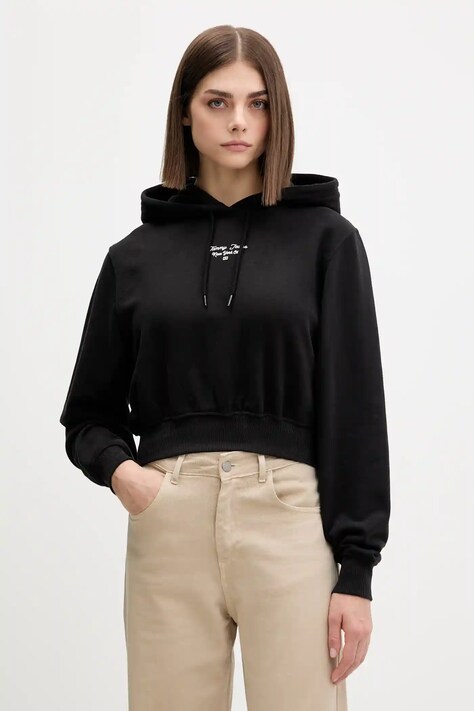 Бавовняна кофта Tommy Jeans колір чорний з капюшоном з принтом DW0DW22170