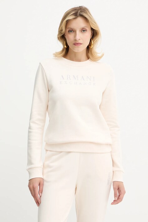 Bavlněná mikina Armani Exchange dámská, béžová barva, hladká, XW000985 AF14284