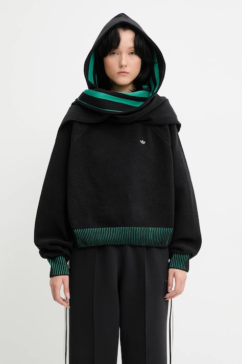 adidas Originals bluză Hoodie culoarea negru, cu glugă, cu imprimeu, JW7323