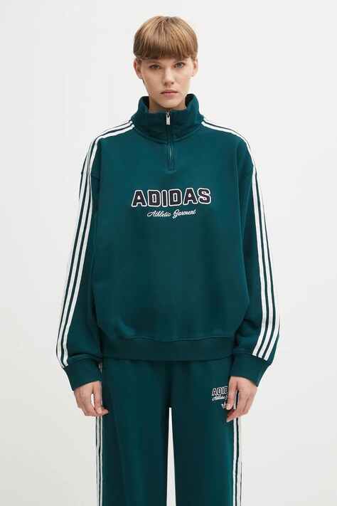 adidas Originals bluza bawełniana Quarter Zip damska kolor zielony z aplikacją KF2309