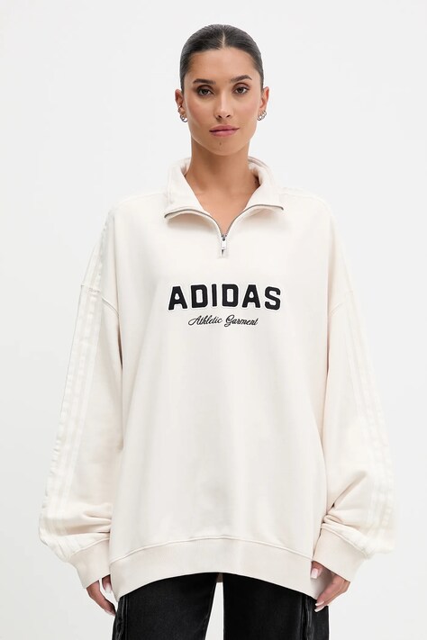adidas Originals bluza bawełniana Quarter Zip damska kolor beżowy z kapturem z aplikacją KF2310