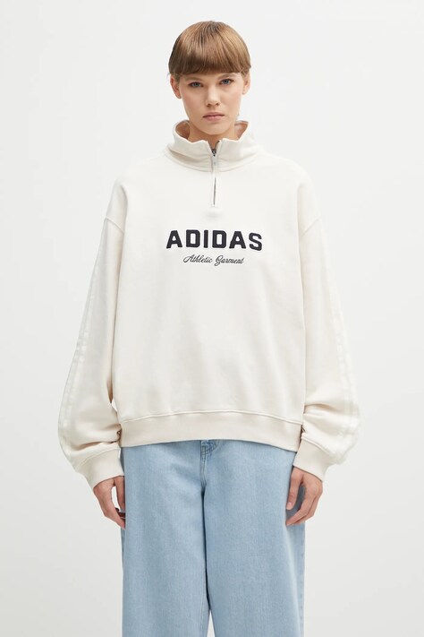 Хлопковая кофта adidas Originals Quarter Zip цвет бежевый с капюшоном с аппликацией KF2310