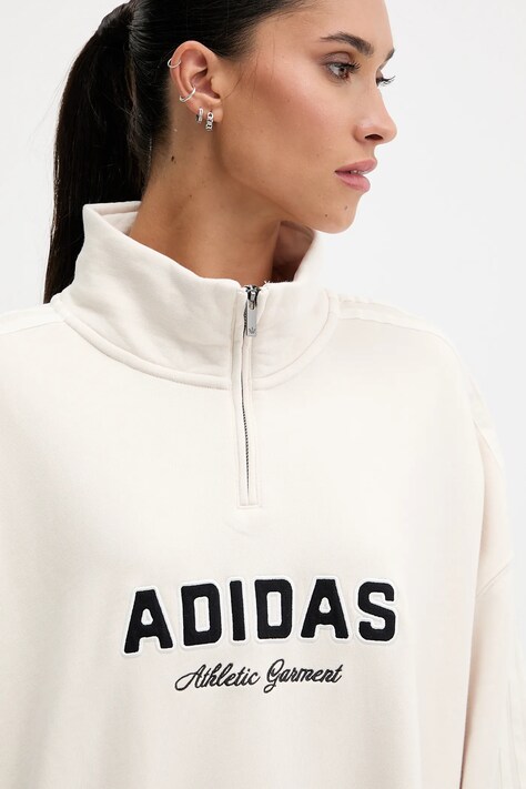 adidas Originals bluza bawełniana Quarter Zip damska kolor beżowy z kapturem z aplikacją KF2310