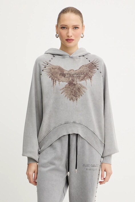Just Cavalli bluza bawełniana damska kolor szary z kapturem z nadrukiem 79PAIE05 CFW13
