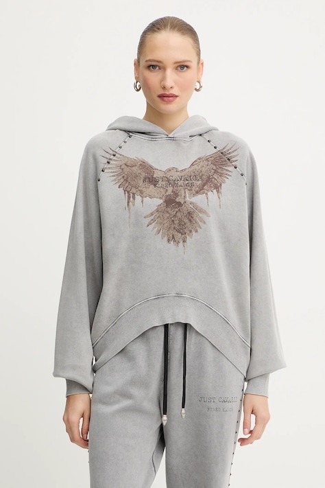 Хлопковая кофта Just Cavalli цвет серый с капюшоном с принтом 79PAIE05 CFW13