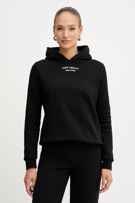 Just Cavalli hanorac de bumbac culoarea negru, cu glugă, cu imprimeu, 79PAIT01 CF502