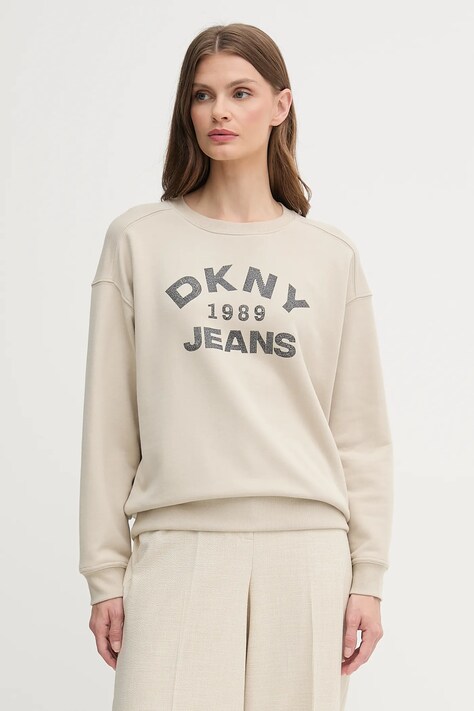 Dkny hanorac de bumbac culoarea bej, cu imprimeu, DJ5T1522