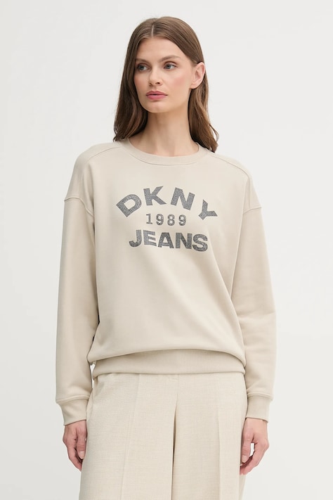 Dkny bluza bawełniana damska kolor beżowy z aplikacją DJ5T1522