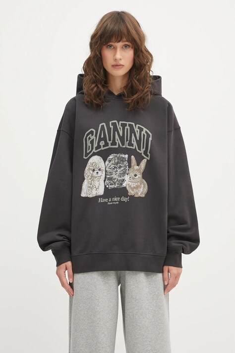 GANNI bluza bawełniana Isoli Oversize Animals damska kolor szary z kapturem z nadrukiem T4270