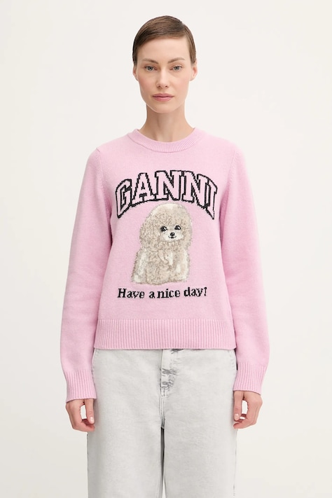 GANNI sweter wełniany Graphic Wool Mix Poodle damski kolor różowy lekki K2499