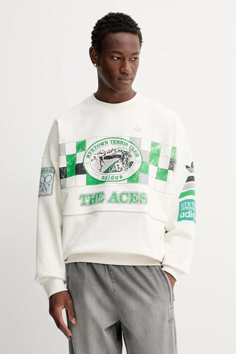 Хлопковая кофта adidas Originals Court Crew цвет белый с капюшоном узор JW0149