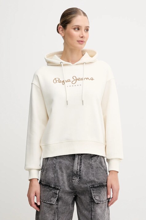 Pepe Jeans bluza damska kolor beżowy z kapturem z nadrukiem PL5800001