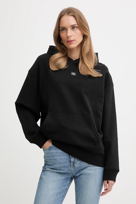 Бавовняна кофта Calvin Klein Jeans колір чорний з капюшоном однотонна LV047D232G