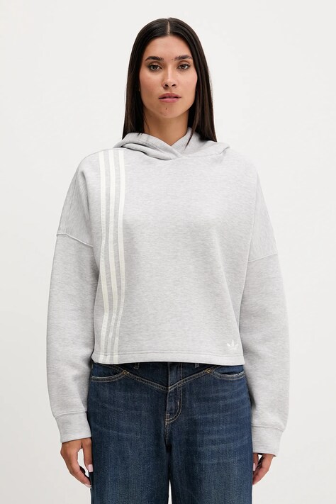 adidas Originals bluză 3-Stripes culoarea gri, cu glugă, melanj, JW3596